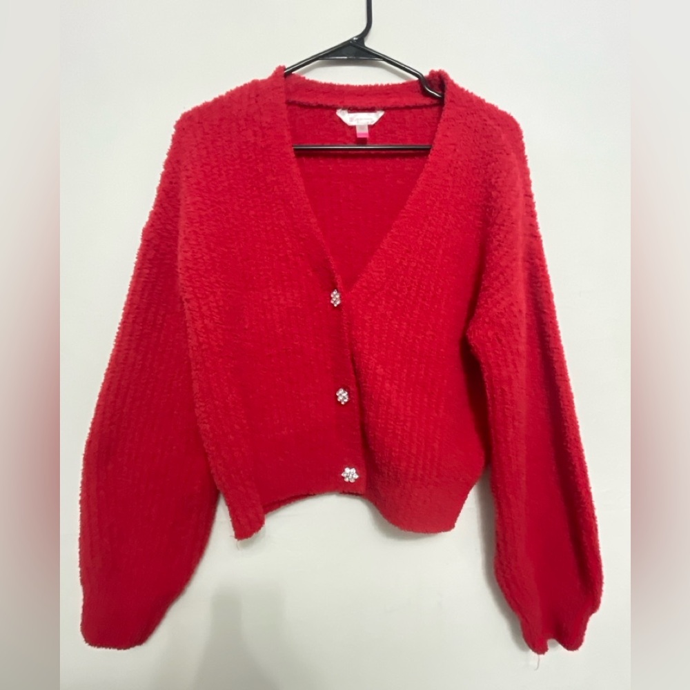 No Boundaries Red Knit Cardigan Rhinestone Buttons Size L (11–13)  (A189)✨